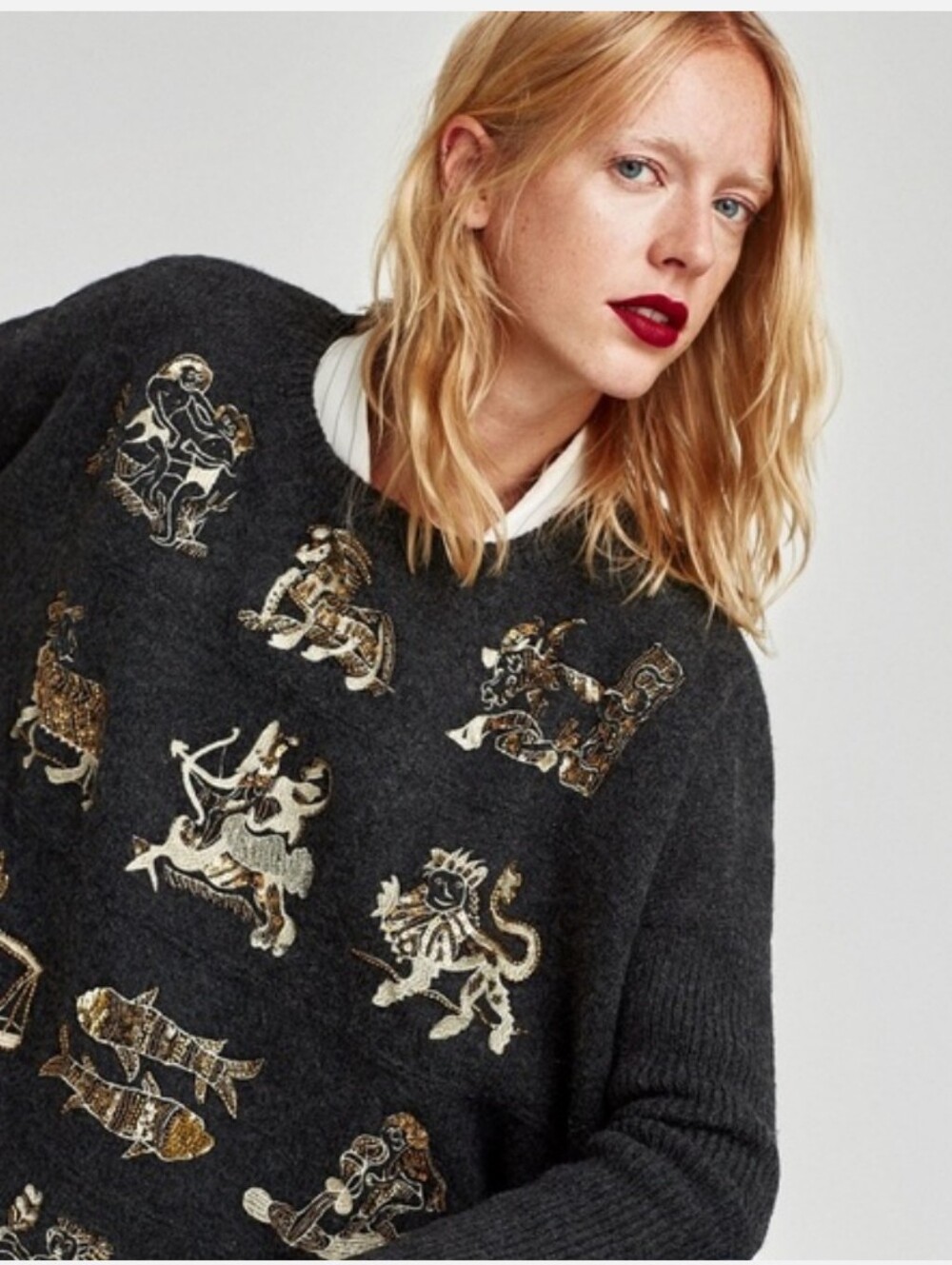 Zara Dark Gray Oversized Crewneck Sweater with Gold Zodiac Celestial Embroidery
